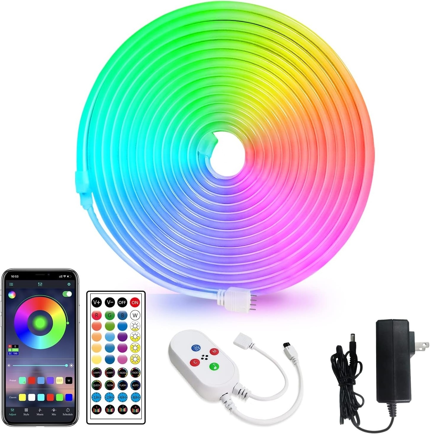 LED neon Rope Lights with Remote APP Control IP65 Waterproof Flexible Neon Strip Lights 24V RGB for Bedroom Room Outdoors Decor