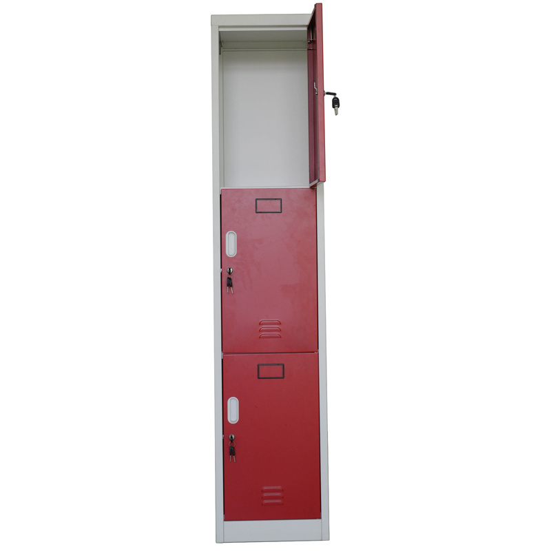 Metal locker storage cabinet three layer bedroom cloth hanging wardrobe locker with pad lock