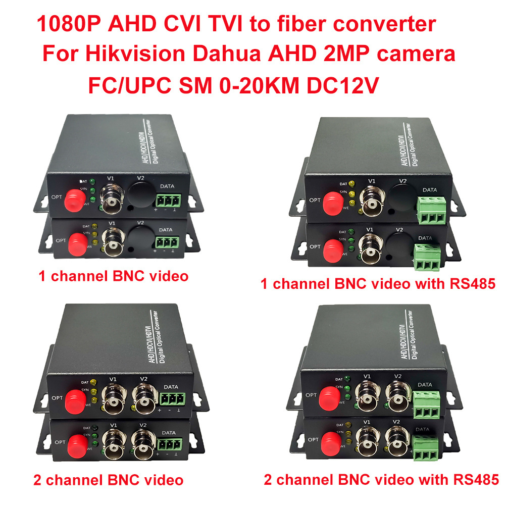 Ahd Cvi Tvi Video Converter Fiber Optic Media Converter 1/2 Ch 1080p DC 12V CCTV System Single Fiber Single Mode 2 Ports BNC