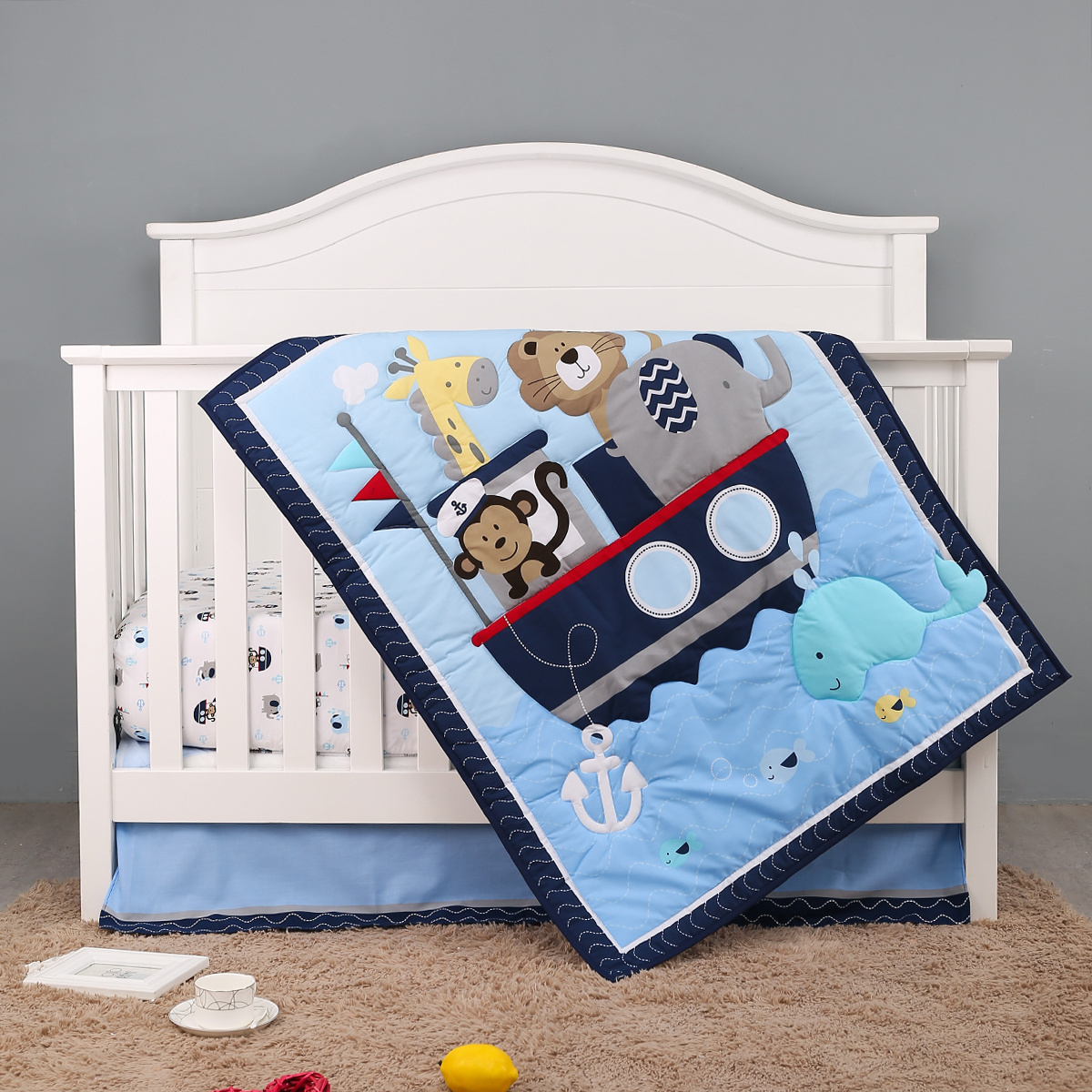 Zoo Crib Bedding Set 7 Pcs for Kids with Comforter Crib Fitted Sheet Crib Skirt Bumpers Machine Washable Baby Nursery Bedding