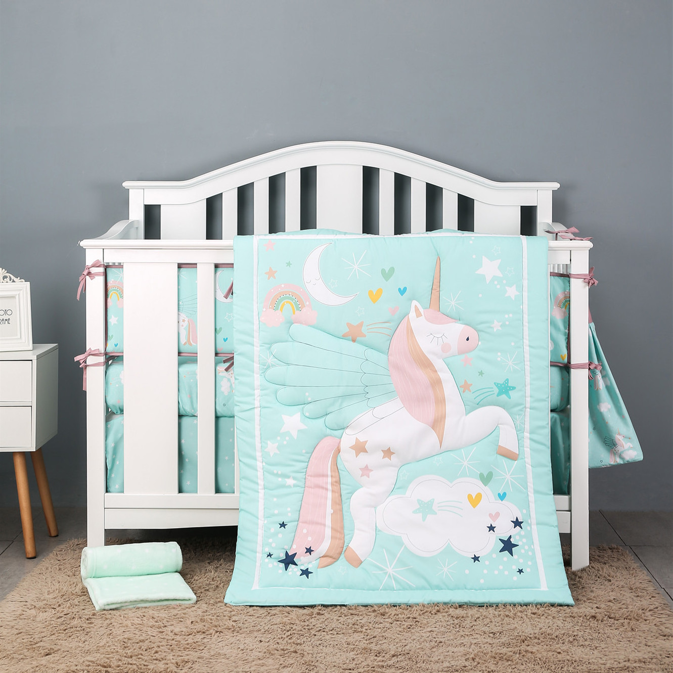 Crib Bedding Set for Baby Girls | 3 Piece Nursery Set | Baby Quilt, Crib Sheet, and Dust Ruffle