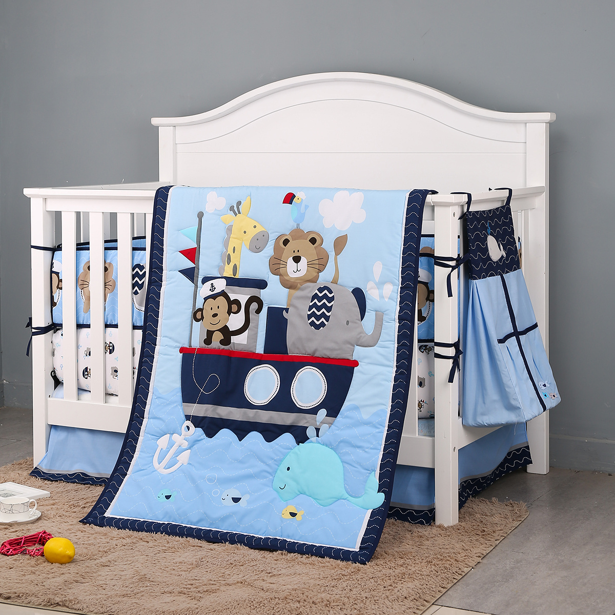 Zoo Crib Bedding Set 7 Pcs for Kids with Comforter Crib Fitted Sheet Crib Skirt Bumpers Machine Washable Baby Nursery Bedding