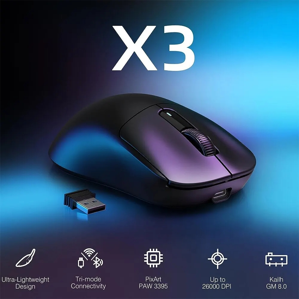 X3 Lightweight Wireless Gaming Mouse with 3 Mode 2.4G USB-C Wired BT 26K DPI PAW3395 Optical Sensor for PC/Laptop/Win/Mac