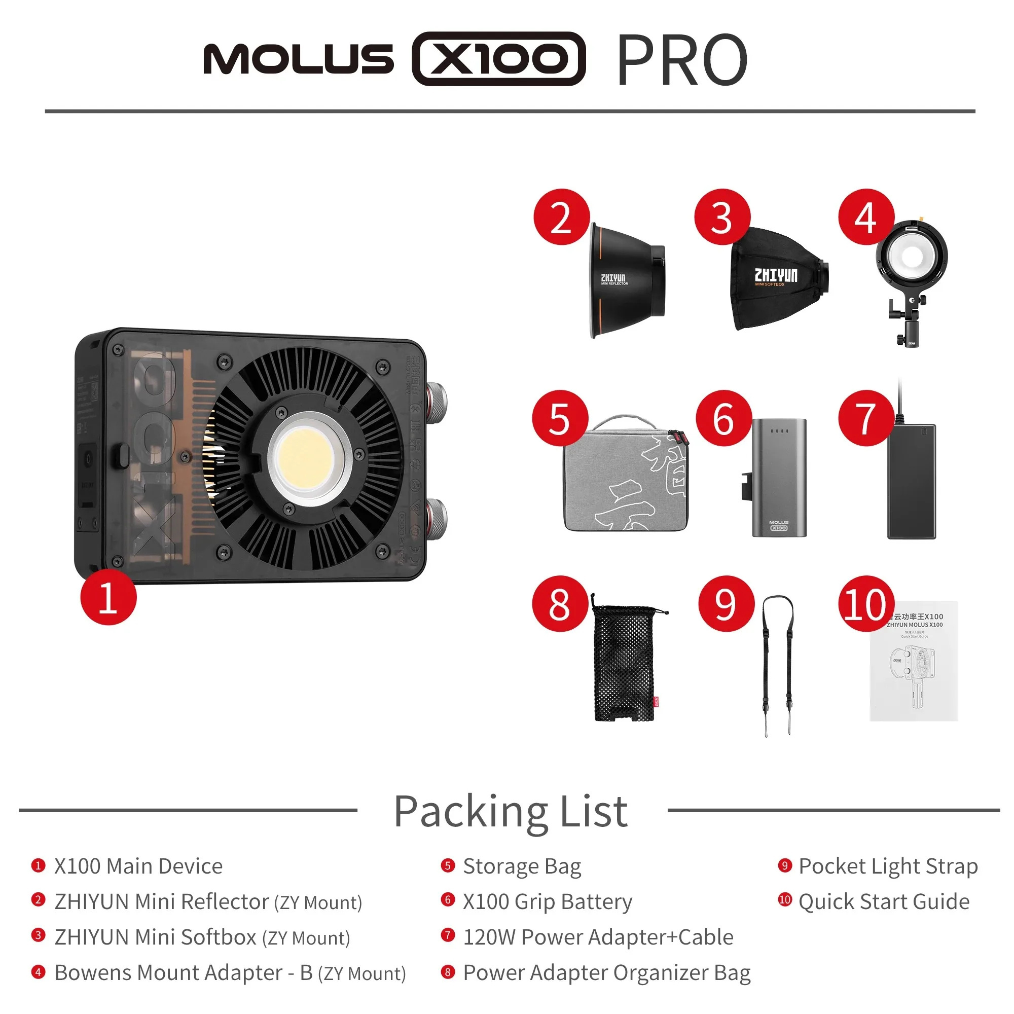 Zhiyun MOLUS X100 pro Pocket Cob Light LED Light 100W 2700-6500K for Studio Photography Lamp with APP Control for Youtube/Tiktok