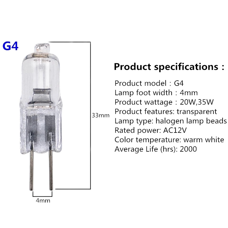 AC 12V Halogen Lamp Bead G4 20w 35W Low-pressure Light Beads G6.35 50W Crystal Lamp Pins Small Halogen Bulb Warm White