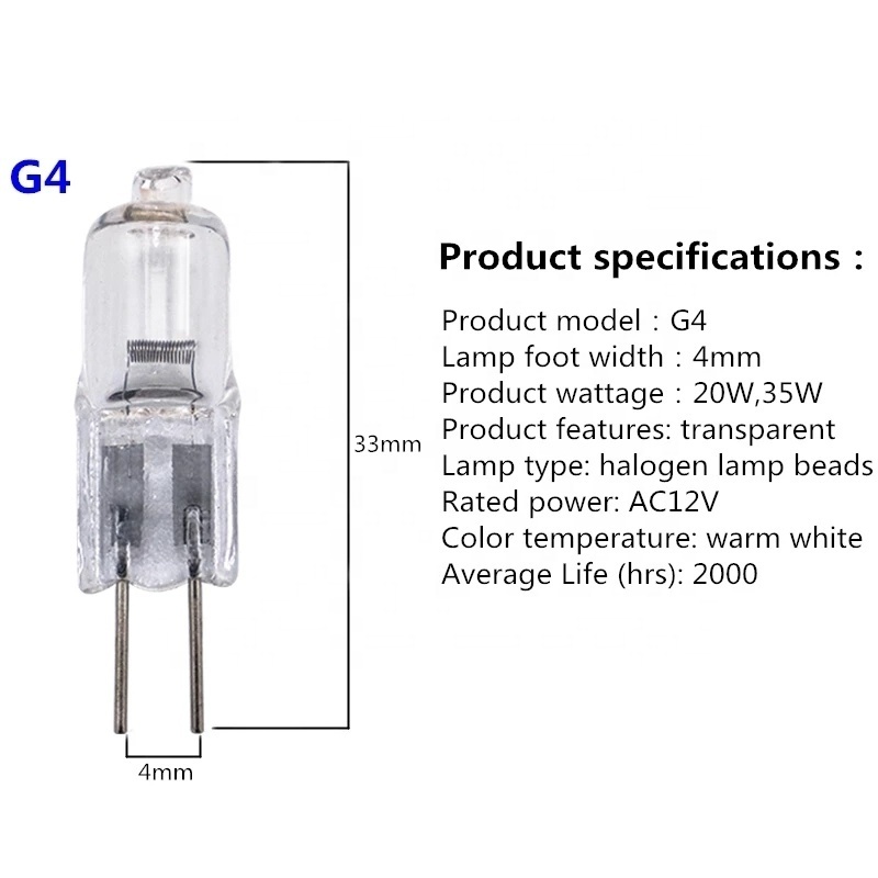 AC 12V Halogen Lamp Bead G4 20w 35W Low-pressure Light Beads G6.35 50W Crystal Lamp Pins Small Halogen Bulb Warm White