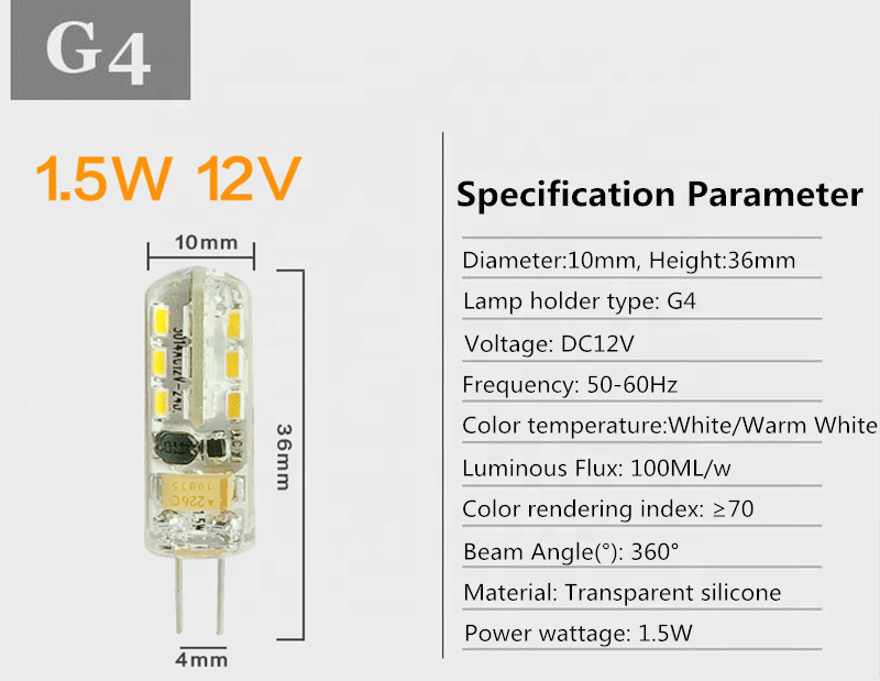 DC 12V G4 LED Light Bead 1.5W 3W 4W LEDs Silicone bulb SMD3014 Spotlight Chandelier Lighting Replace Halogen Lamp DC12V