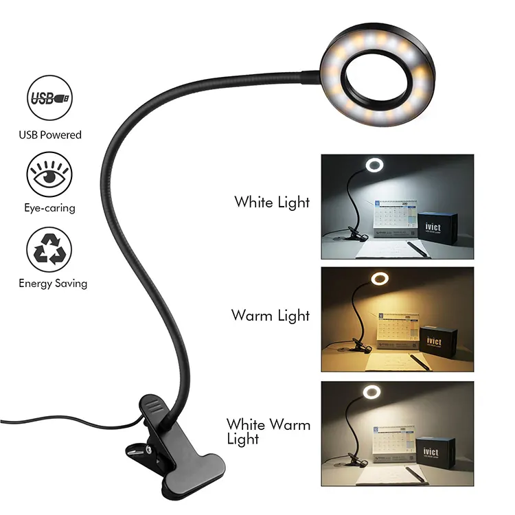 USB Clip-on Table Lamp Eye-Care Dimmable Reading Light Swing Arm LED Desk Lamp with Clamp