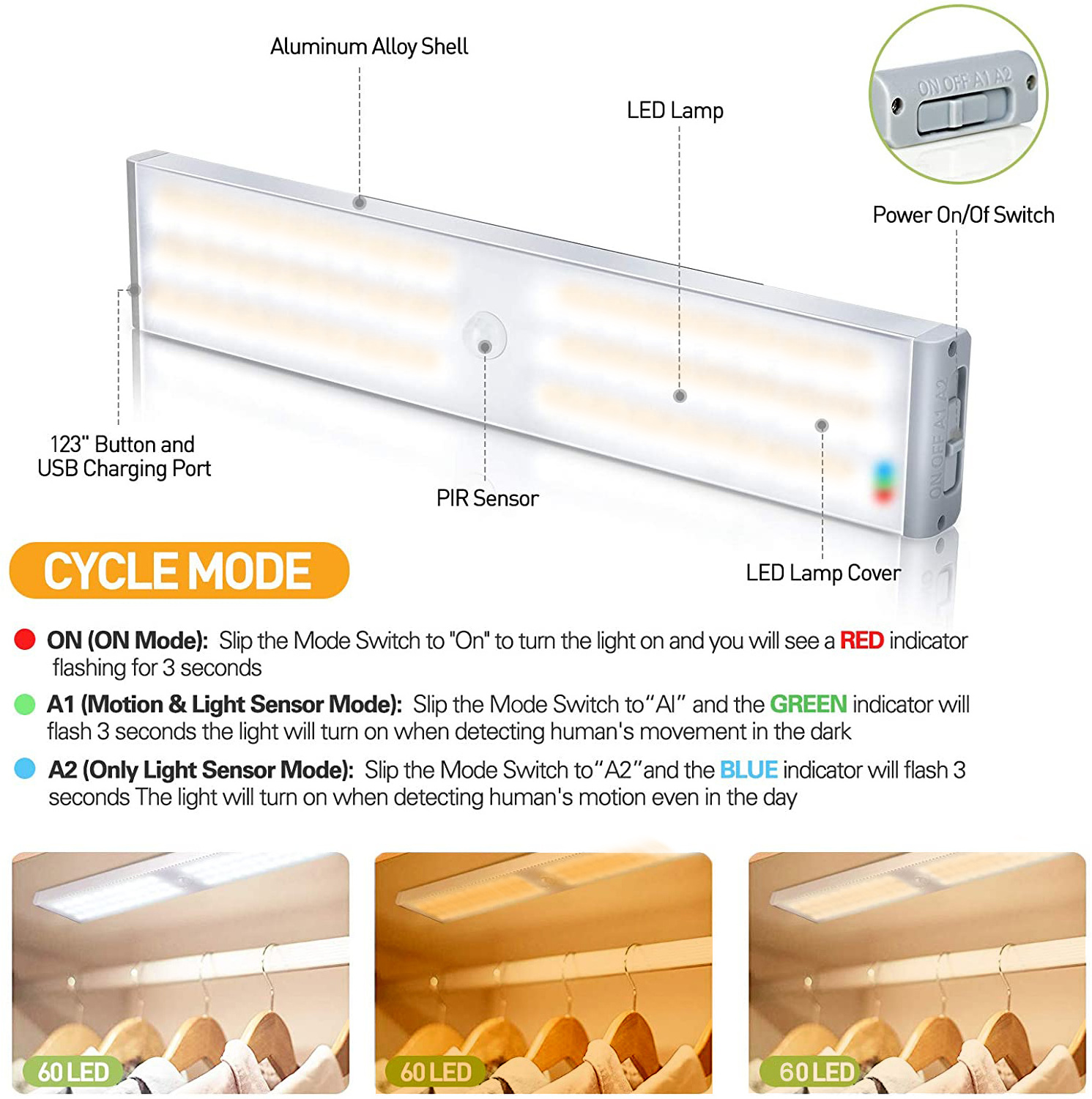 LED Light Cabinet Lamp PIR Motion Sensor Wireless USB Rechargeable Wardrobe Indoor Cabinet Light