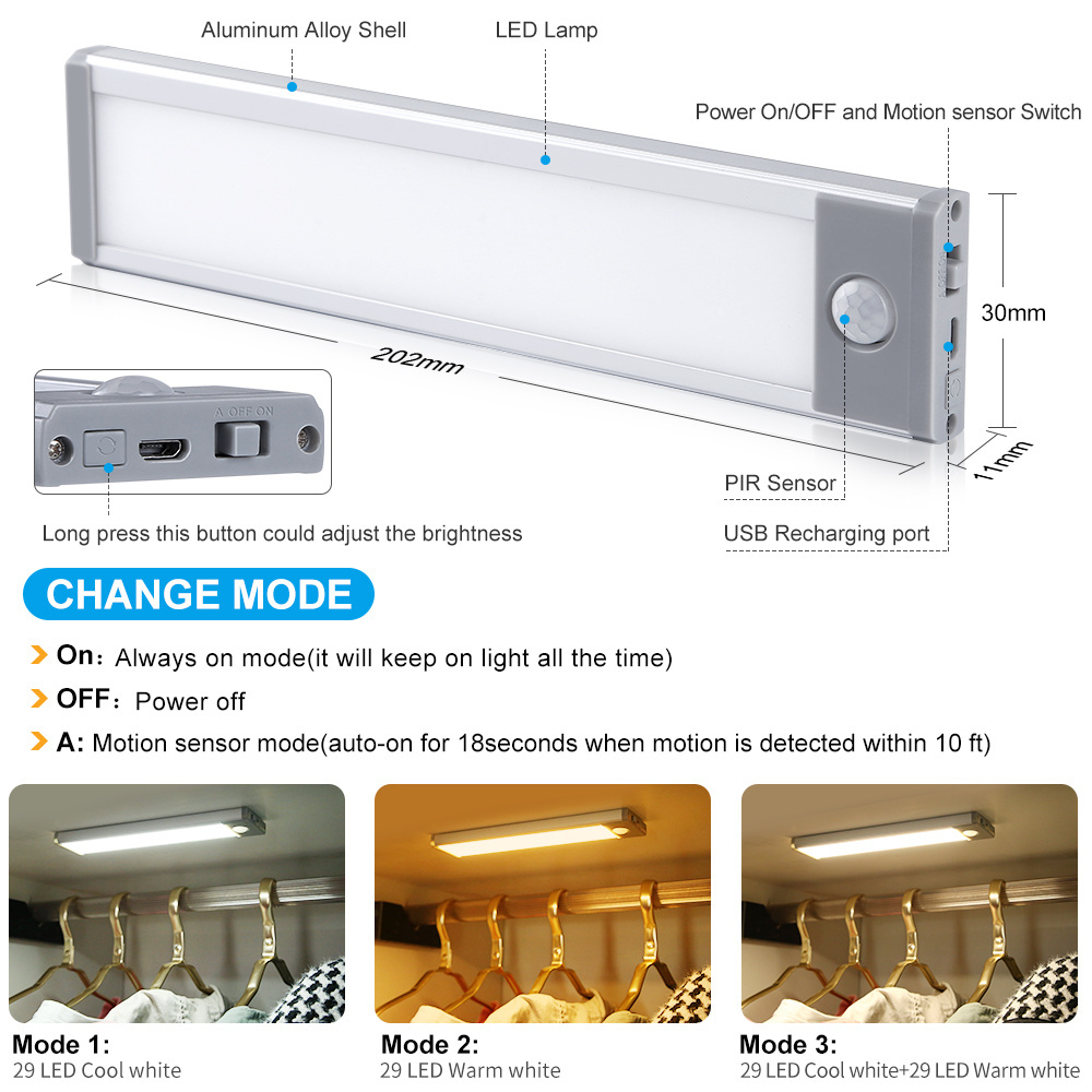 Counter Wardrobe Hallway Stairs 3 Color Modes Magnetic 58 LED Wireless Motion Sensor Closet Lights Under Cabinet Lighting