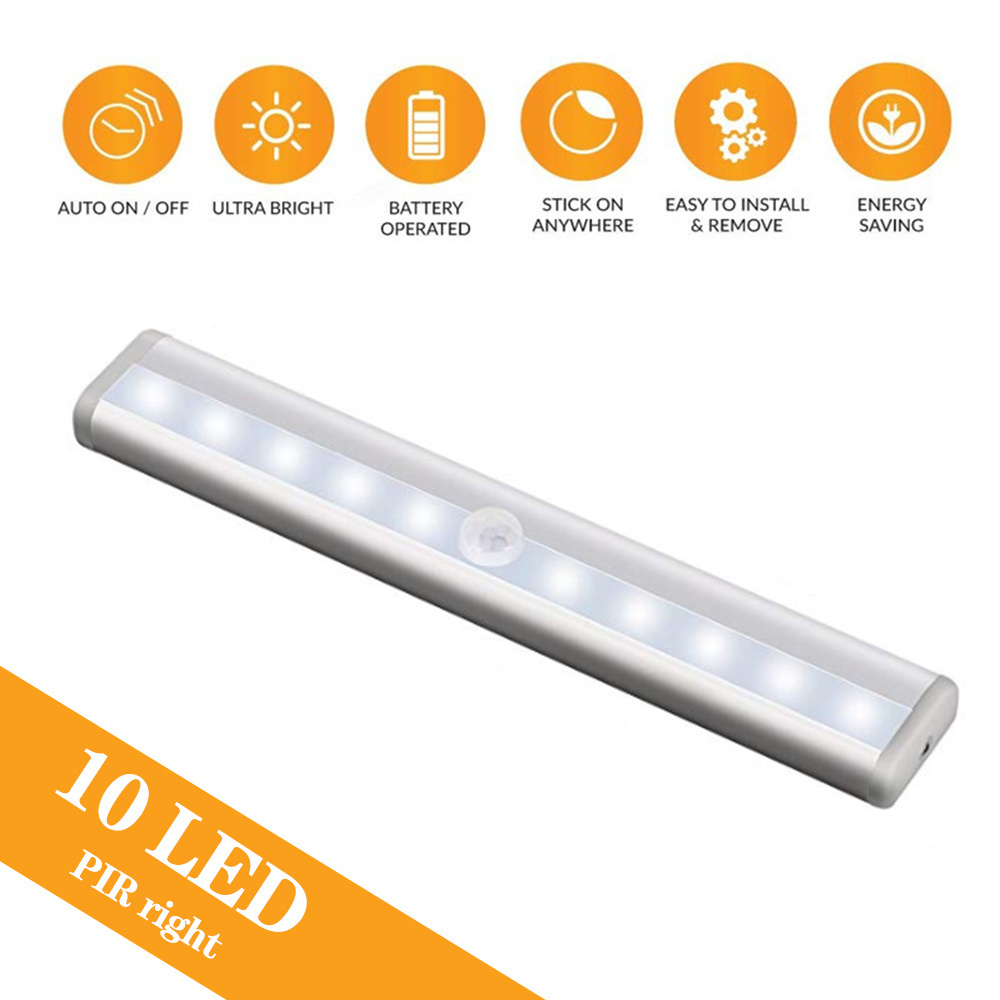 10 LED 4* AAA Battery Cabinet Bookcase Lamp Wireless Closet Night Lighting PIR Motion Sensor Light