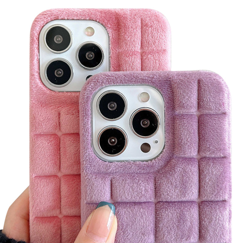 New Fashion Solid Waffle Plaid Plush Phone Case For IPhone 15 Pro Max 14 13 12 11 Warm Fur Soft Silicone Back Cover