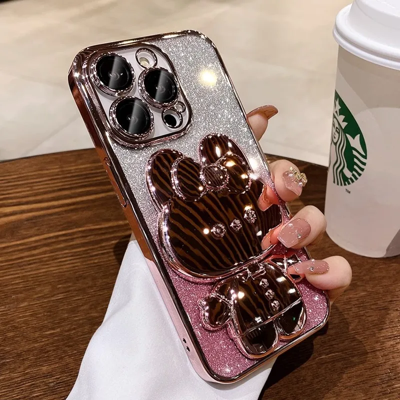 New Cute Cat Electroplated Phone Case for iPhone 15 14 Pro MAX Features Gradient Flash Powder All-Inclusive Protector case