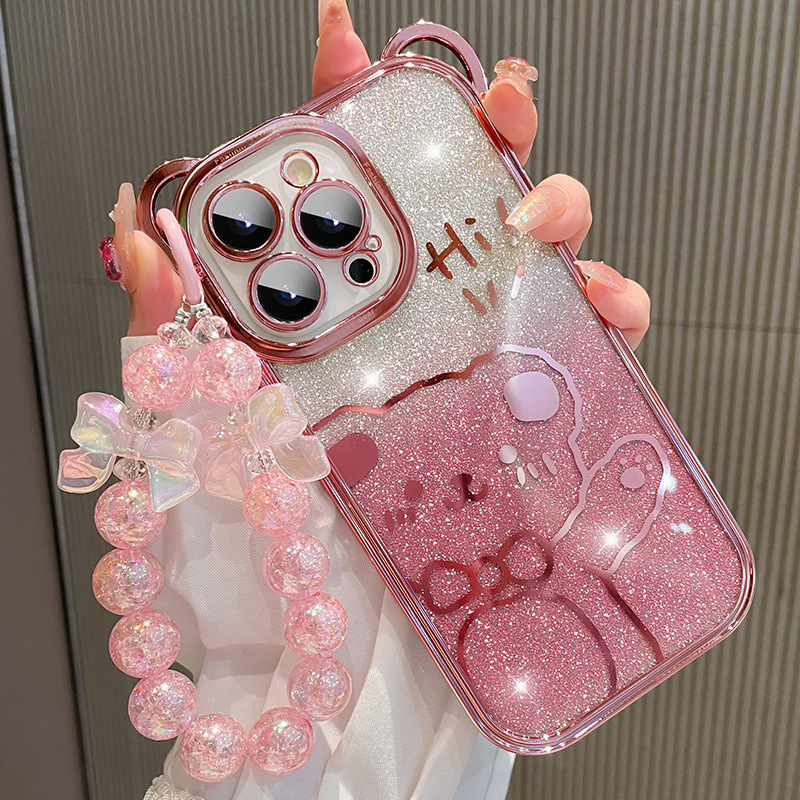 Trendy Brand Transparent Glitter Teddy Bear Anti-Drop Phone Case for iPhone 15 14 13 12 11 Pro Max Cute TPU Protector Bracelet