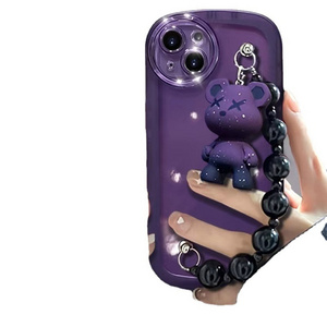 Elegant Girls cut bear purple Silicone Soft Phone Case Wrist Strap Rope Case For iphone 15 14 13 12 11 X XR Plus