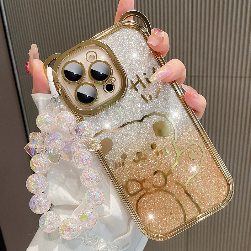 Trendy Brand Transparent Glitter Teddy Bear Anti-Drop Phone Case for iPhone 15 14 13 12 11 Pro Max Cute TPU Protector Bracelet