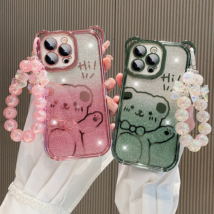 Trendy Brand Transparent Glitter Teddy Bear Anti-Drop Phone Case for iPhone 15 14 13 12 11 Pro Max Cute TPU Protector Bracelet