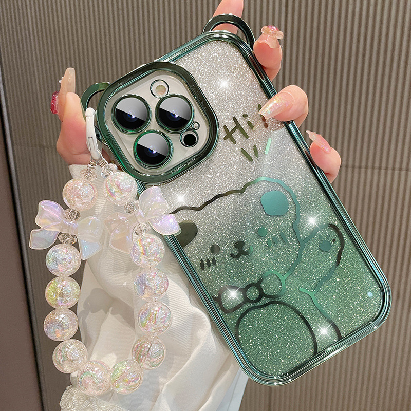 Trendy Brand Transparent Glitter Teddy Bear Anti-Drop Phone Case for iPhone 15 14 13 12 11 Pro Max Cute TPU Protector Bracelet