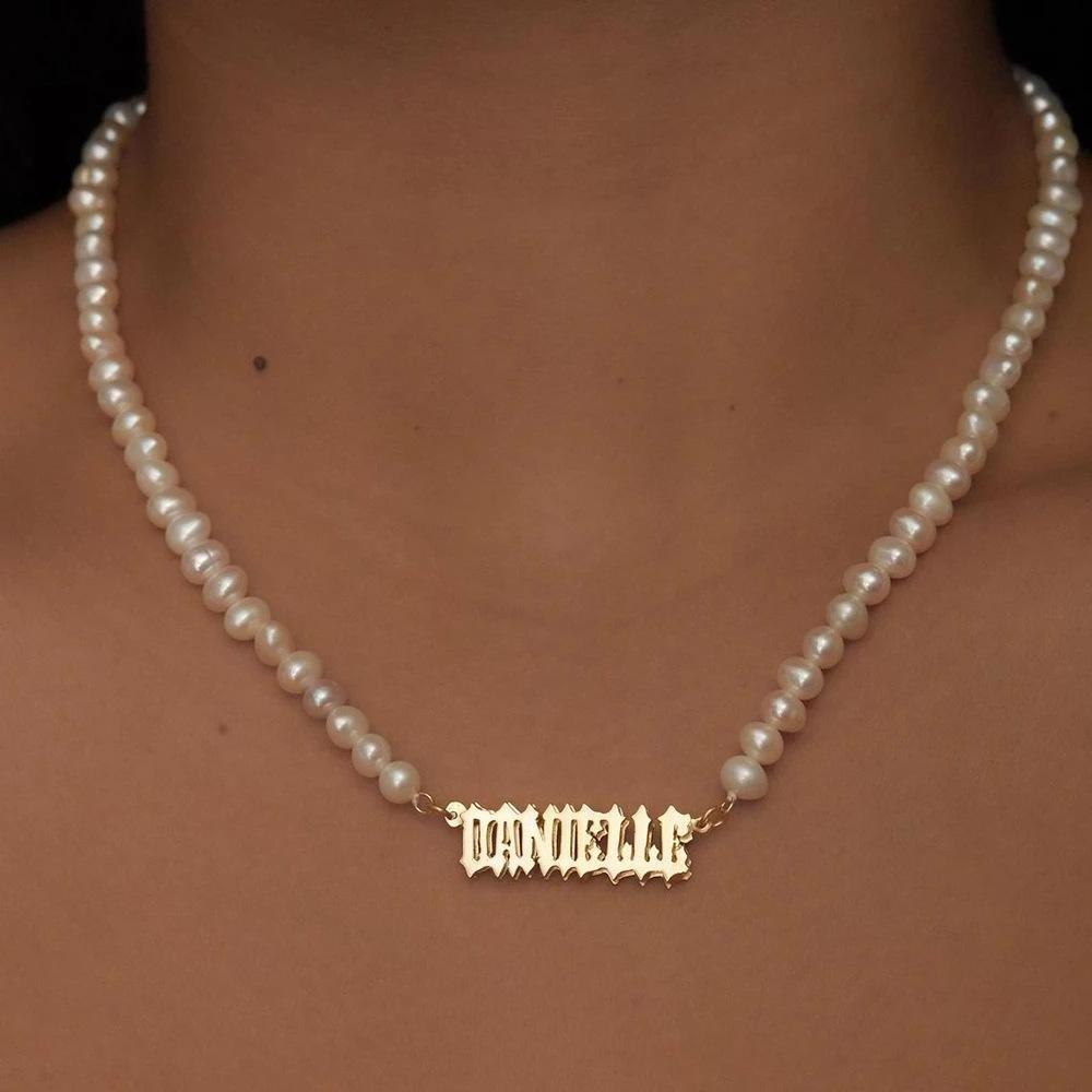 Personalised Elegant Baroque Freshwater Pearl Choker Necklace 18K Gold Stainless Steel Custom Name Initial Pendant Necklaces