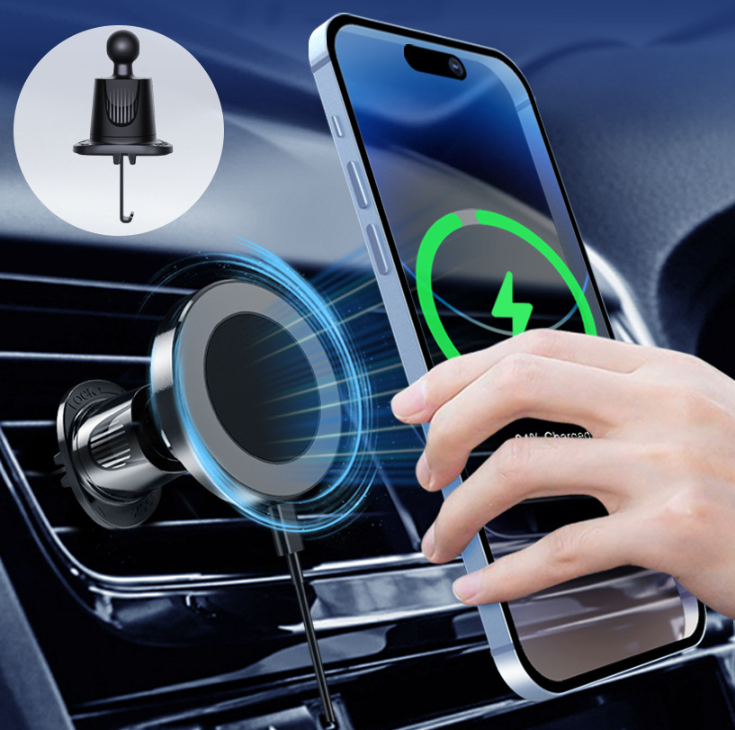 New Car Magnet Cell Phone Holder Stand Mobile Holder Car Mount 15W Magnetic Air Vent Wireless Car Charger with Metal Hook