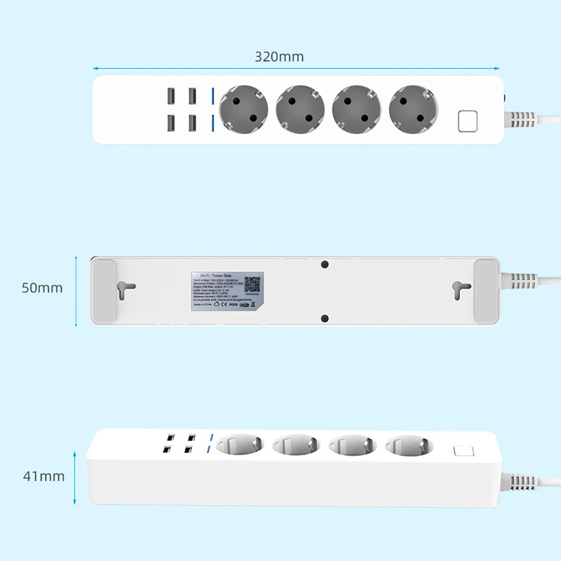 EU Plug 4 Electrical Outlet Socket 4 USB Charger Port Timer Tuya WiFi Smart Power Strip with Smart Life App Alexa Google Home