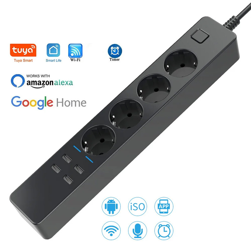 EU Plug 4 Electrical Outlet Socket 4 USB Charger Port Timer Tuya WiFi Smart Power Strip with Smart Life App Alexa Google Home