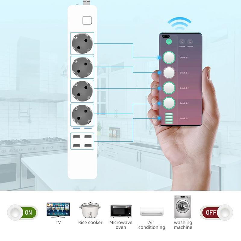 EU Plug 4 Electrical Outlet Socket 4 USB Charger Port Timer Tuya WiFi Smart Power Strip with Smart Life App Alexa Google Home