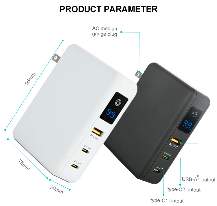 Factory OEM AC Wall Plug PD 65W Gan charger 10000mAh 2C1A Power Bank with Wireless LED Display battery Pack Charger