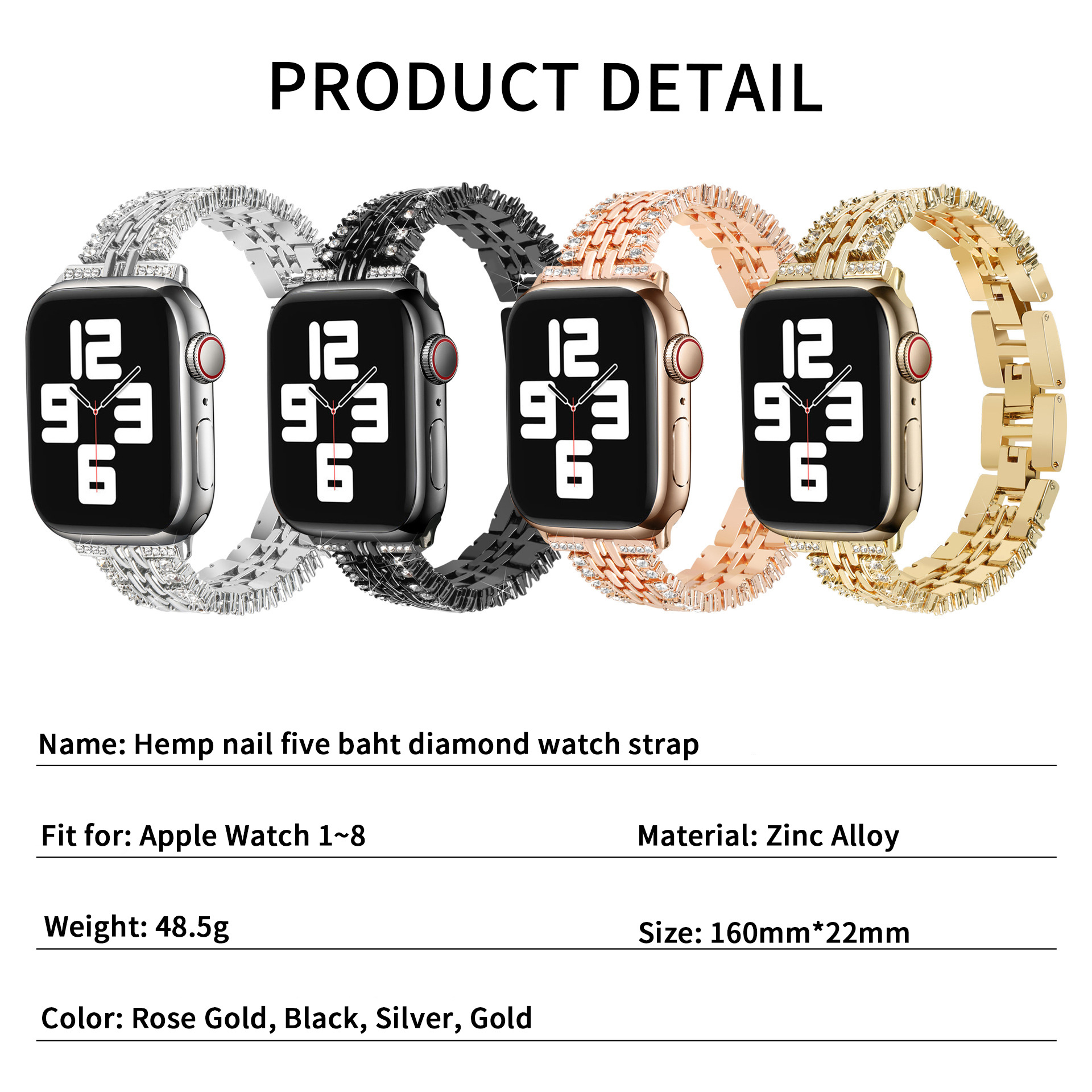 Suitable For Apple Watch Strap Metal Iwatch 8/7/6/5 Five-Bead Diamond-Encrusted Strap Zinc Alloy Apple Watch Band