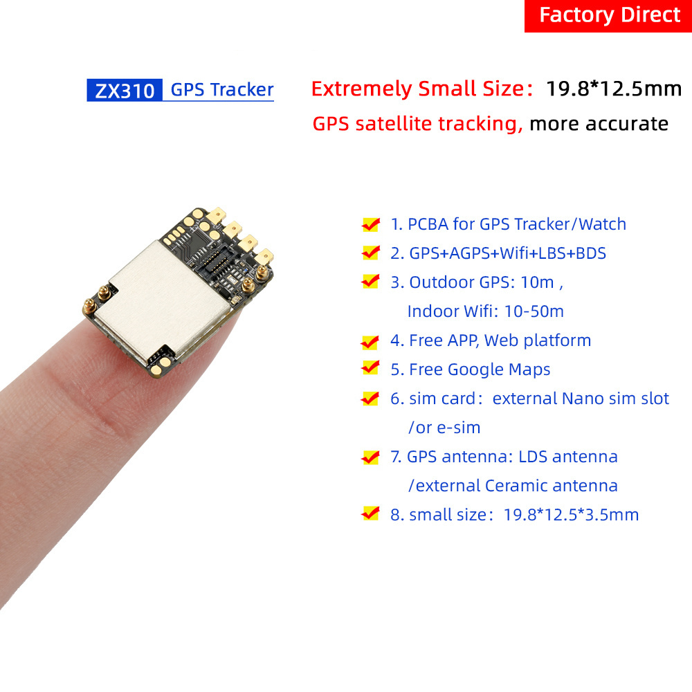 Ultra mini GPS tracker PCB board ZX310, GSM GPRS sim card Wifi LBS tracking chip compatible with nano sim eSIM