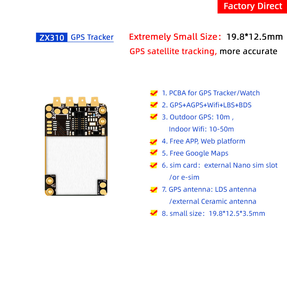 Ultra mini GPS tracker PCB board ZX310, GSM GPRS sim card Wifi LBS tracking chip compatible with nano sim eSIM