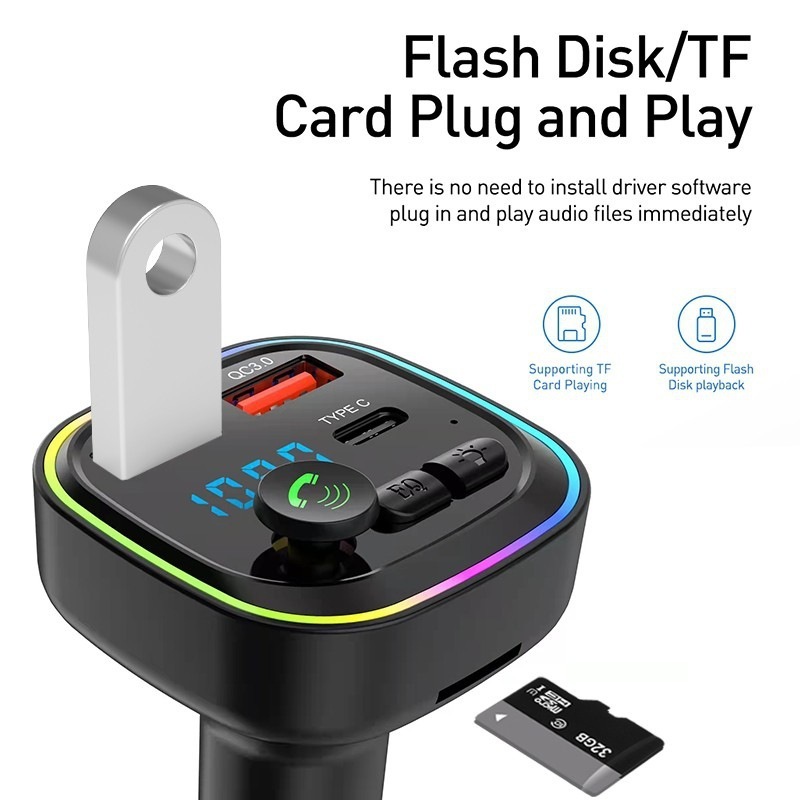 TF Dual USB Type-c handsfree Qc Fast Car charger Audio Car MP3 Player Kit Wireless Bluetooth fm transmitter modulator For Car