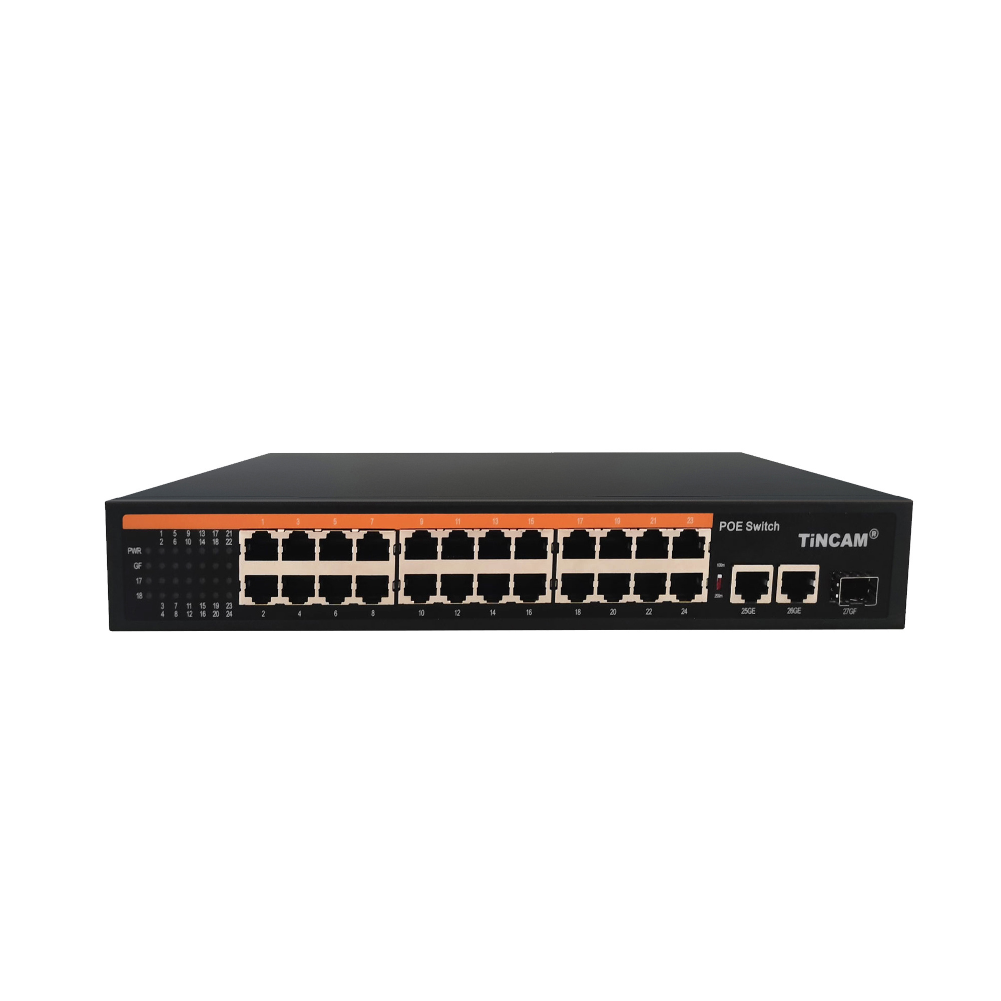 TiNCAM AI OEM/ODM 24Port Fiber CCTV POE Switch For National Defense IP Camera 10/100M 802.3af/at 250M 1G Bandwidth CCTV Security