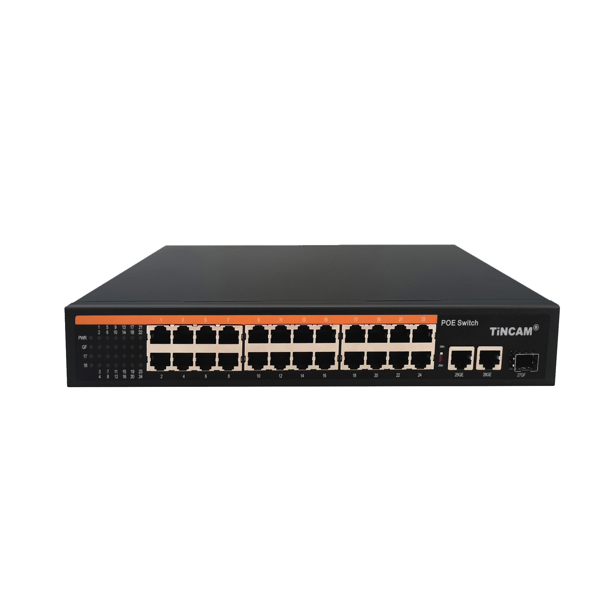 TiNCAM AI OEM/ODM 24Port Fiber CCTV POE Switch For National Defense IP Camera 10/100M 802.3af/at 250M 1G Bandwidth CCTV Security