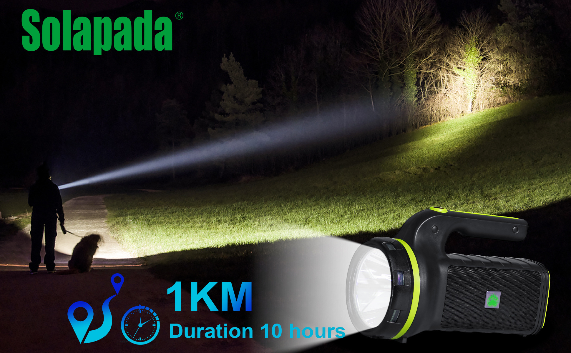 Outdoor portable solar rechargeable long range led marine handheld spotlight with media system