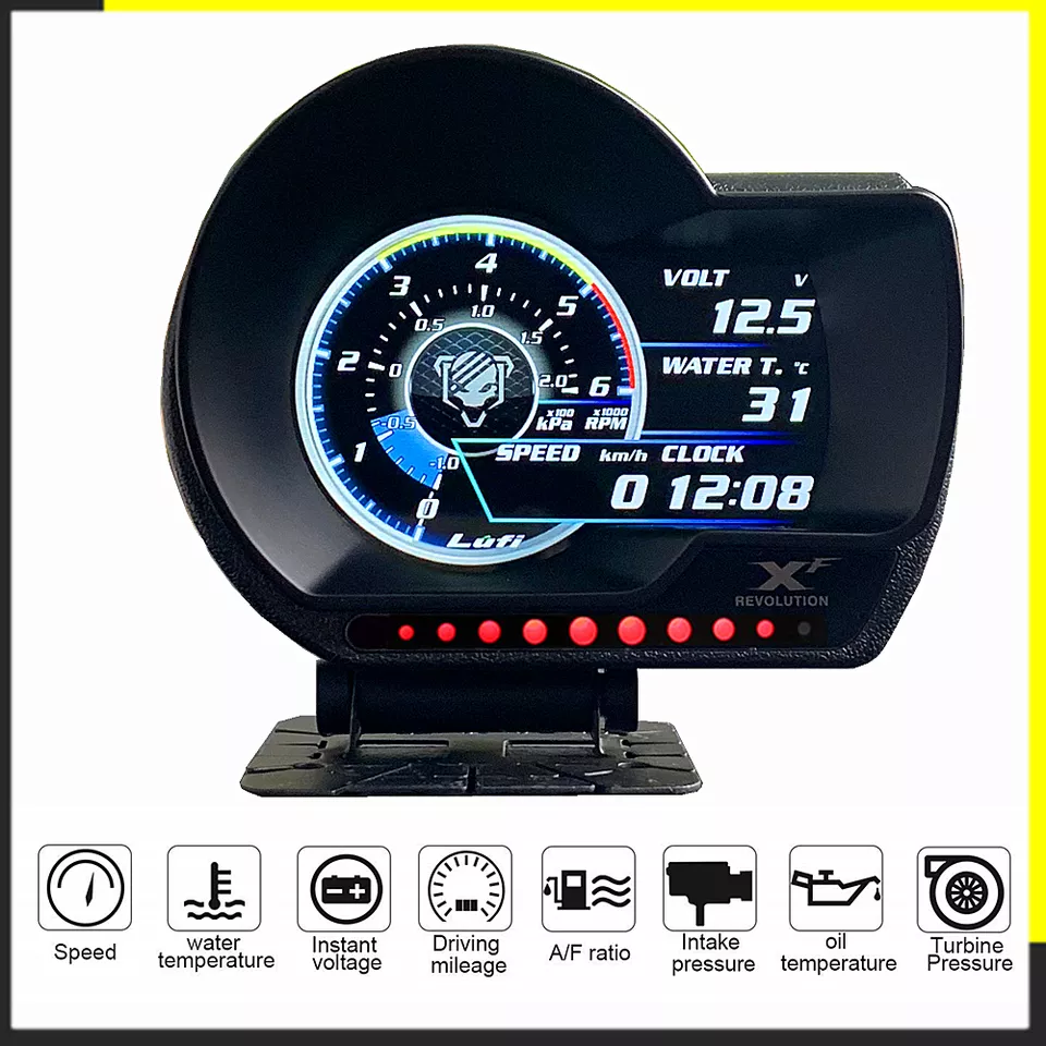 English Version OBD2 digital turbo boost oil pressure temperature gauge for car Afr RPM Fuel level Speed EXT Oil Meter OBD XF