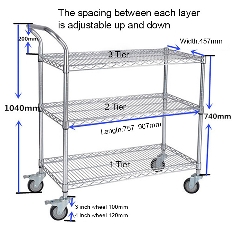 Heavy Duty 3-Shelf Shelving with Wheels Adjustable Storage Units Steel Organizer Wire Rack Steel Shelf Chrome 3 Tiers Shelf