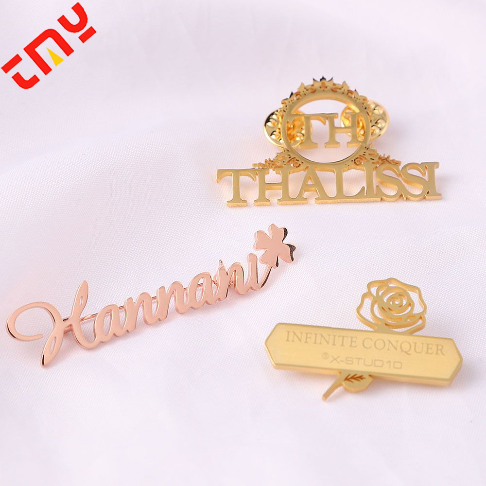 Popular Decorative  Custom Wholesale Luxury Embossed Gold Letter 3D Logo Suit Badge Metal Hollow Brooch Lapel Pin For Clothes