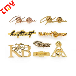 Popular Decorative  Custom Wholesale Luxury Embossed Gold Letter 3D Logo Suit Badge Metal Hollow Brooch Lapel Pin For Clothes