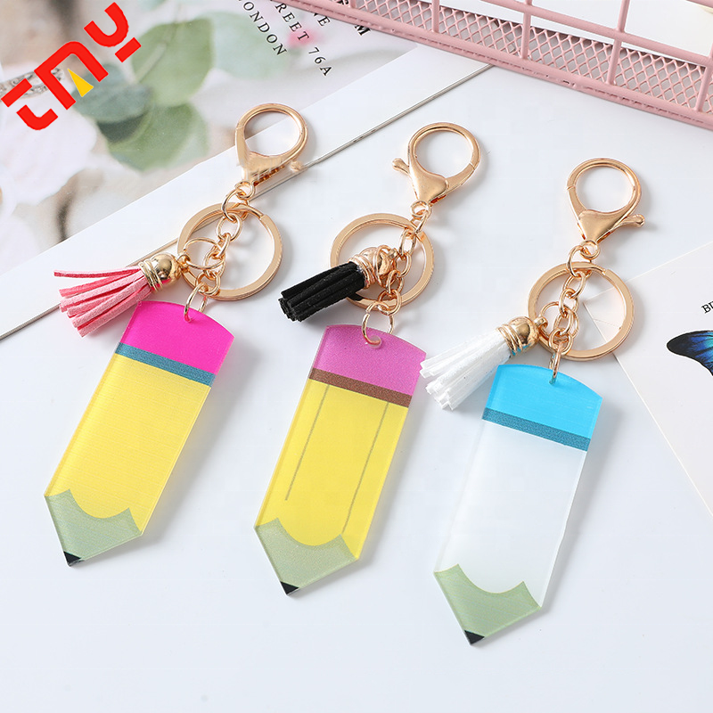 Wholesale Personalized Engraving Custom Printed Designs Teacher Gift Acrylic Pencil Keychain With Tassel