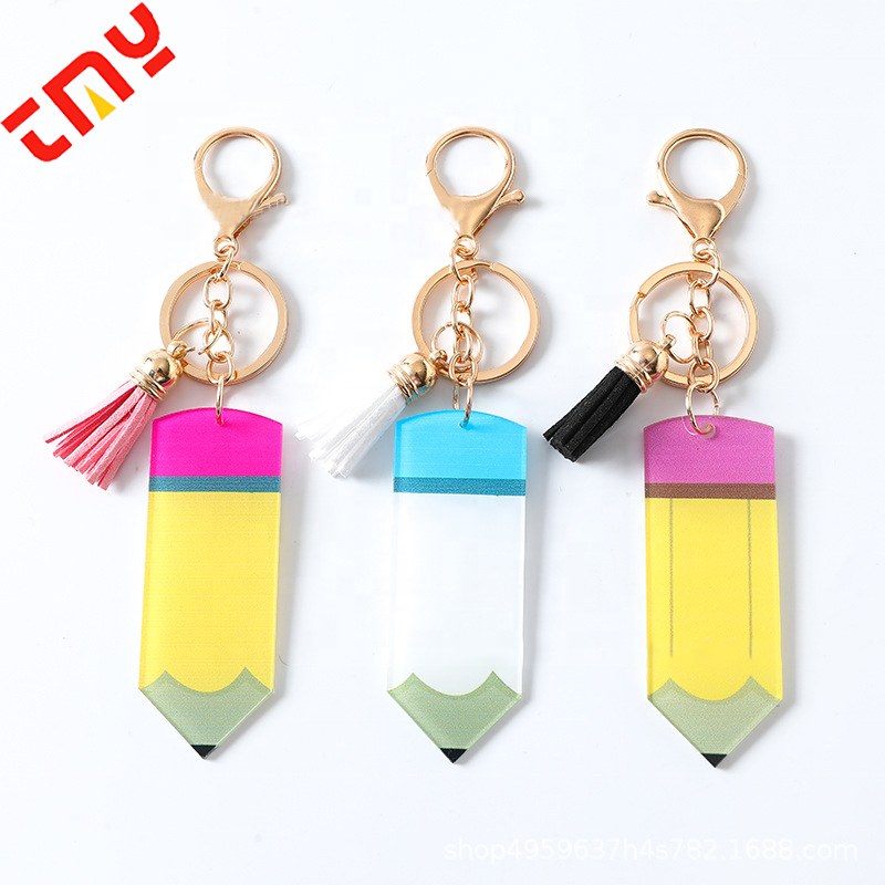 Wholesale Personalized Engraving Custom Printed Designs Teacher Gift Acrylic Pencil Keychain With Tassel