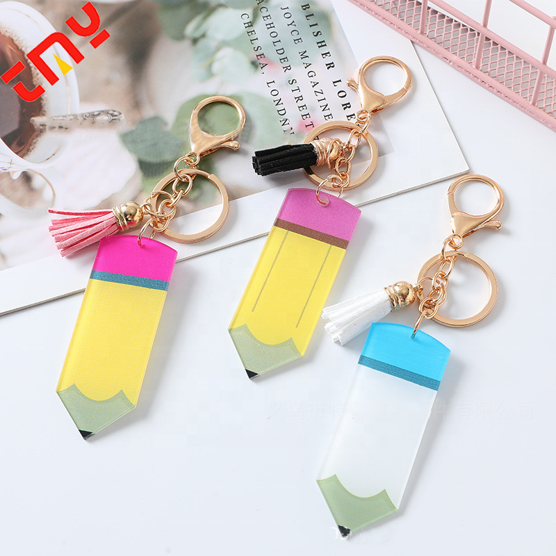 Wholesale Personalized Engraving Custom Printed Designs Teacher Gift Acrylic Pencil Keychain With Tassel