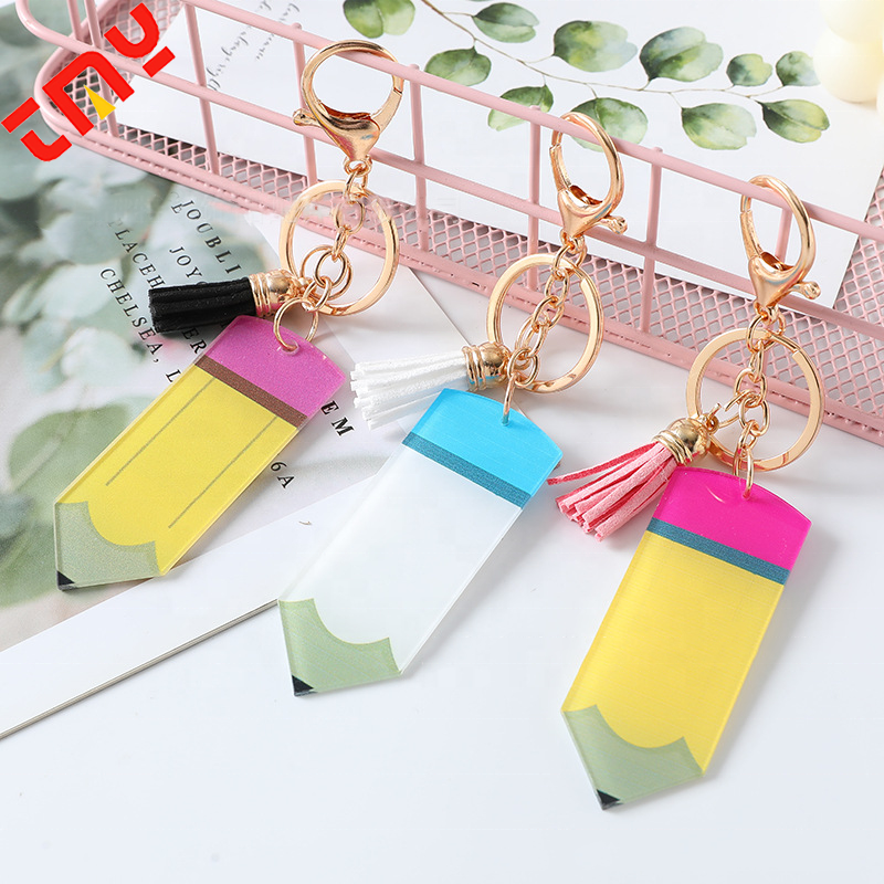 Wholesale Personalized Engraving Custom Printed Designs Teacher Gift Acrylic Pencil Keychain With Tassel