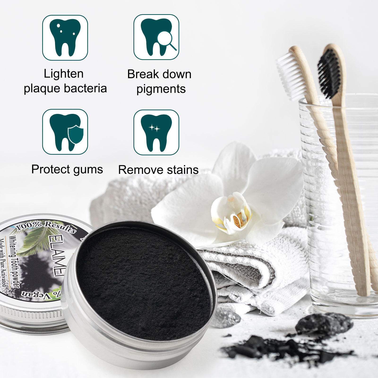 ELAIMEI Coconut bamboo Charcoal Black tooth powder Activated carbon coconut shell tartar removal smoke stain whitening powder