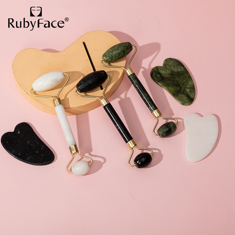 RubyFace Jade Roller quartz face roller gua sha beauty facial massage rose jade roller set for face with Hairband