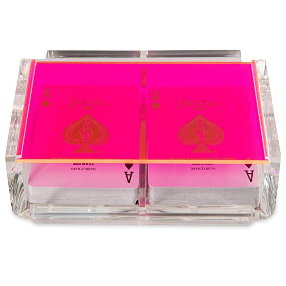 Acrylic Canasta Card Holder Tray with 2 Decks of Playing Cards Organizer Box with Sliding Lid and Revolving Base