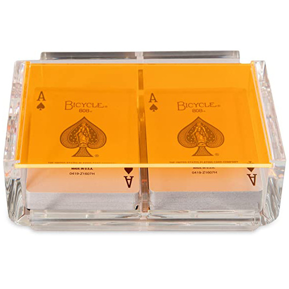 Acrylic Canasta Card Holder Tray with 2 Decks of Playing Cards Organizer Box with Sliding Lid and Revolving Base