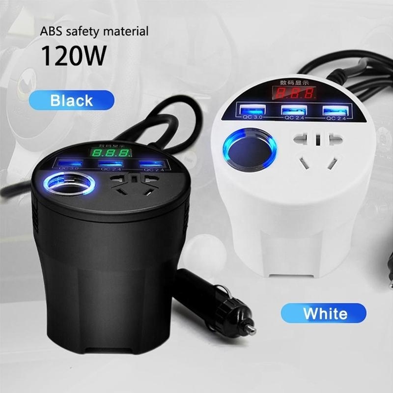 Cupholder Style Car Power Inverter 24V 12v 220v 120W Led Display 3 USB Ports Cigarette Lighter QC3.0 inversor 12 v 220 v