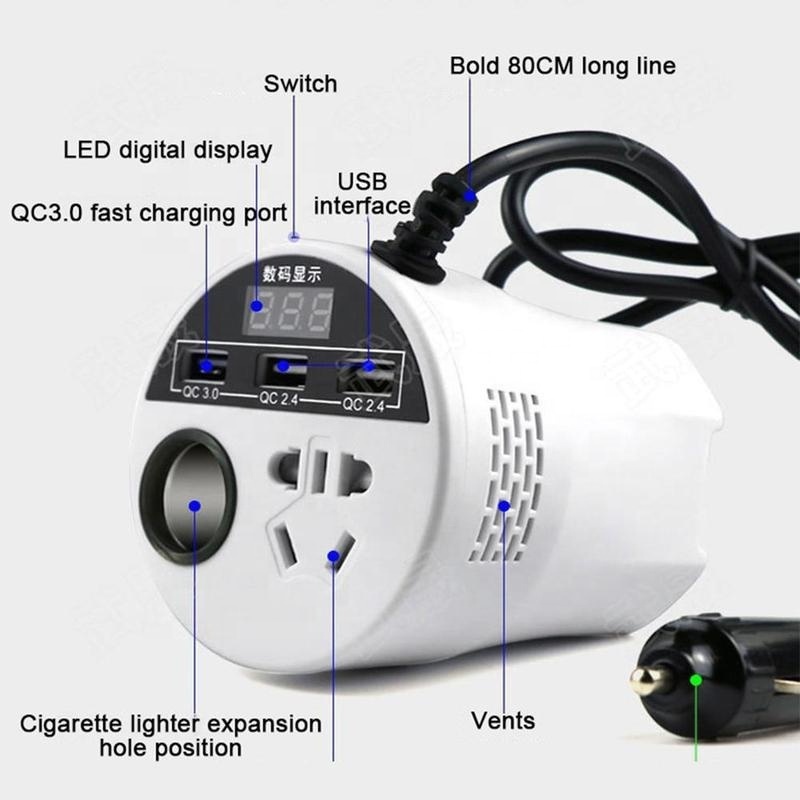 Cupholder Style Car Power Inverter 24V 12v 220v 120W Led Display 3 USB Ports Cigarette Lighter QC3.0 inversor 12 v 220 v