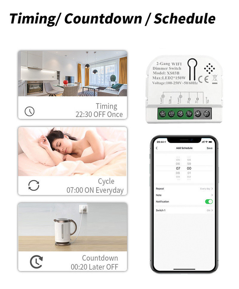 Tuya 220V Home Assistant Dimmer Switch WiFi Smart Electric Module 2 Gang Relay Works With Alexa Google Yandex Alice